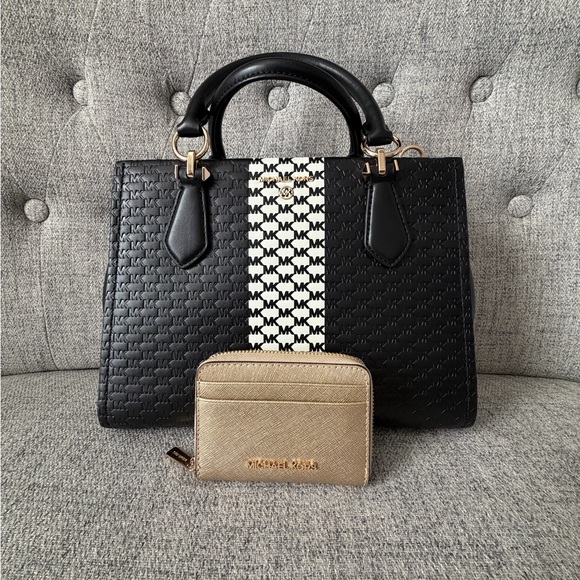 Michael Kors Black and Cream Satchel with Gold Wallet